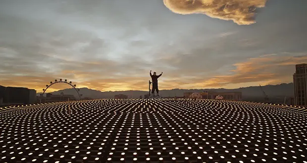 Marty Supreme stunt — Timoth&eacute;e Chalamet atop the Sphere